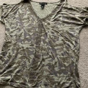 Trendy Camouflage top with brass rivets Size~S.  NWOT